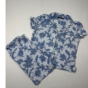 Classic Lauren Ralph Lauren Pajama Set Women L Blue Floral Striped Cotton